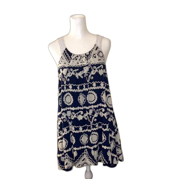 Blu Pepper Navy and Cream Boho Patterned Sleeveless Dress - Picture 1 of 6